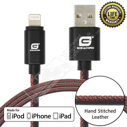 Gigacord Gigacord LeatherARMOR iPhone/iPad/iPod Lightning 8 pin Charge/Sync Cable w/Strain Relief, Premium Leather, Anodized Aluminum Connectors, Lifetime Warranty, Black w/ Red Stitch (Choose Length)