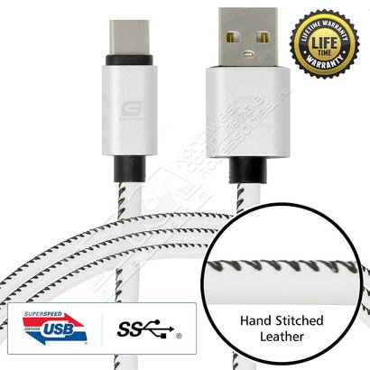 Gigacord Gigacord LeatherARMOR USB-C Type-C 24-pin Charge/Sync Cable w/Strain Relief, Premium Leather, Anodized Aluminum Connectors, Lifetime Warranty, White w/ Black Stitch (Choose Length)