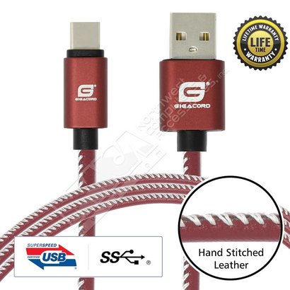 Gigacord Gigacord LeatherARMOR USB-C Type-C 24-pin Charge/Sync Cable w/Strain Relief, Premium Leather, Anodized Aluminum Connectors, Lifetime Warranty, Red w/ White Stitch (Choose Length)