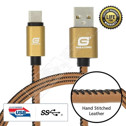 Gigacord Gigacord LeatherARMOR USB Type-C 24-pin Charge/Sync Cable w/Strain Relief, Premium Leather, Anodized Aluminum Connectors, Lifetime Warranty, Light Brown w/ Black Stitch (Choose Length)