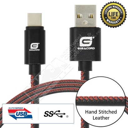 Gigacord Gigacord LeatherARMOR USB Type-C 24-pin Charge/Sync Cable w/Strain Relief, Premium Leather, Anodized Aluminum Connectors, Lifetime Warranty, Black w/ Red Stitch (Choose Length)