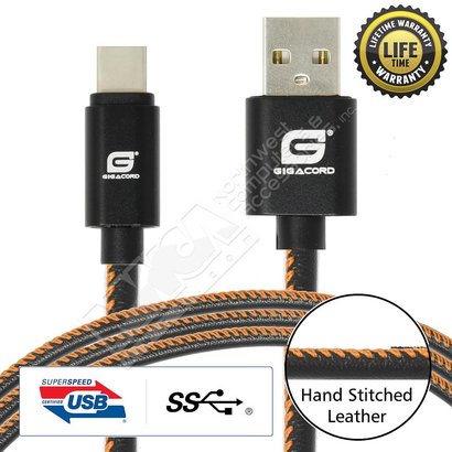 Gigacord Gigacord LeatherARMOR USB Type-C 24-pin Charge/Sync Cable w/Strain Relief, Premium Leather, Anodized Aluminum Connectors, Lifetime Warranty, Black w/ Orange Stitch (Choose Length)