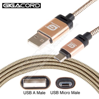 Gigacord Gigacord BlackARMOR2 Samsung USB Micro 5-pin Charge/Sync Cable w/Strain Relief, Nylon Braiding, Tapered Aluminum Connector, Lifetime Warranty, Gold (Choose Length)