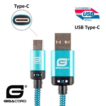Gigacord Gigacord BlackARMOR2 Samsung USB Type-C 24-pin Charge/Sync Cable w/Strain Relief, Nylon Braiding, Anodized Aluminum Connectors, Lifetime Warranty, Blue (3 - 10ft.)