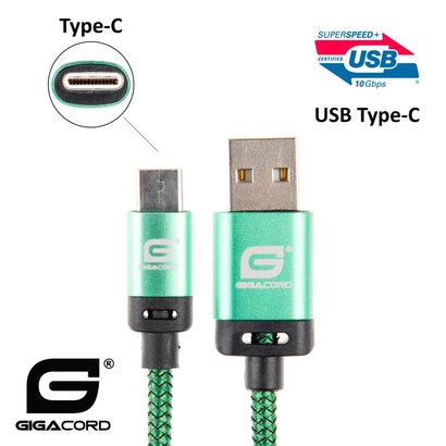 Gigacord Gigacord BlackARMOR2 Samsung USB-C Type-C 24-pin Charge/Sync Cable w/Strain Relief, Nylon Braiding, Anodized Aluminum Connectors, Lifetime Warranty, Green (Choose Length)