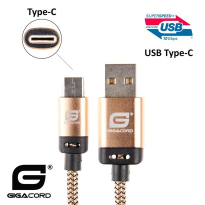 Gigacord Gigacord BlackARMOR2 Samsung USB Type-C 24-pin Charge/Sync Cable w/Strain Relief, Nylon Braiding, Anodized Aluminum Connectors, Lifetime Warranty, Gold (3 - 10ft.)