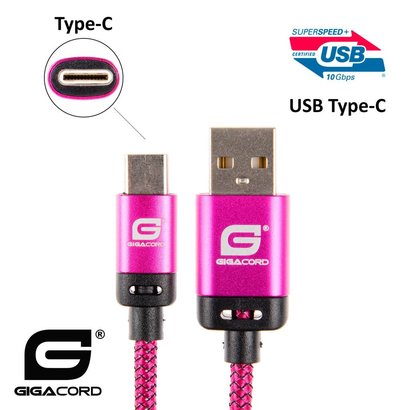 Gigacord Gigacord BlackARMOR2 Samsung USB-C Type-C 24-pin Charge/Sync Cable w/Strain Relief, Nylon Braiding, Anodized Aluminum Connectors, Lifetime Warranty, Dark Pink (Choose Length)
