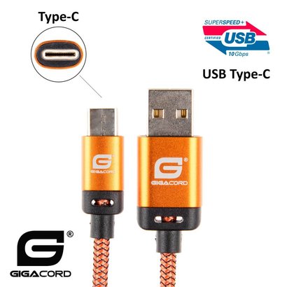 Gigacord Gigacord BlackARMOR2 Samsung USB-C Type-C 24-pin Charge/Sync Cable w/Strain Relief, Nylon Braiding, Anodized Aluminum Connectors, Lifetime Warranty, Orange (Choose Length)