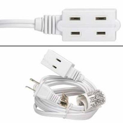 3-Outlet Power Extension Cord White 16AWG/2 (Choose Length)