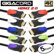 Gigacord 5-Pack, 5 Colored connectors, 4K HDMI Cable 18Gbps 4K HDR, 3D, 2160P, 1080P, Ethernet - 30AWG Braided 100% Copper HDMI Cord - Audio Return(ARC) (Choose Length)