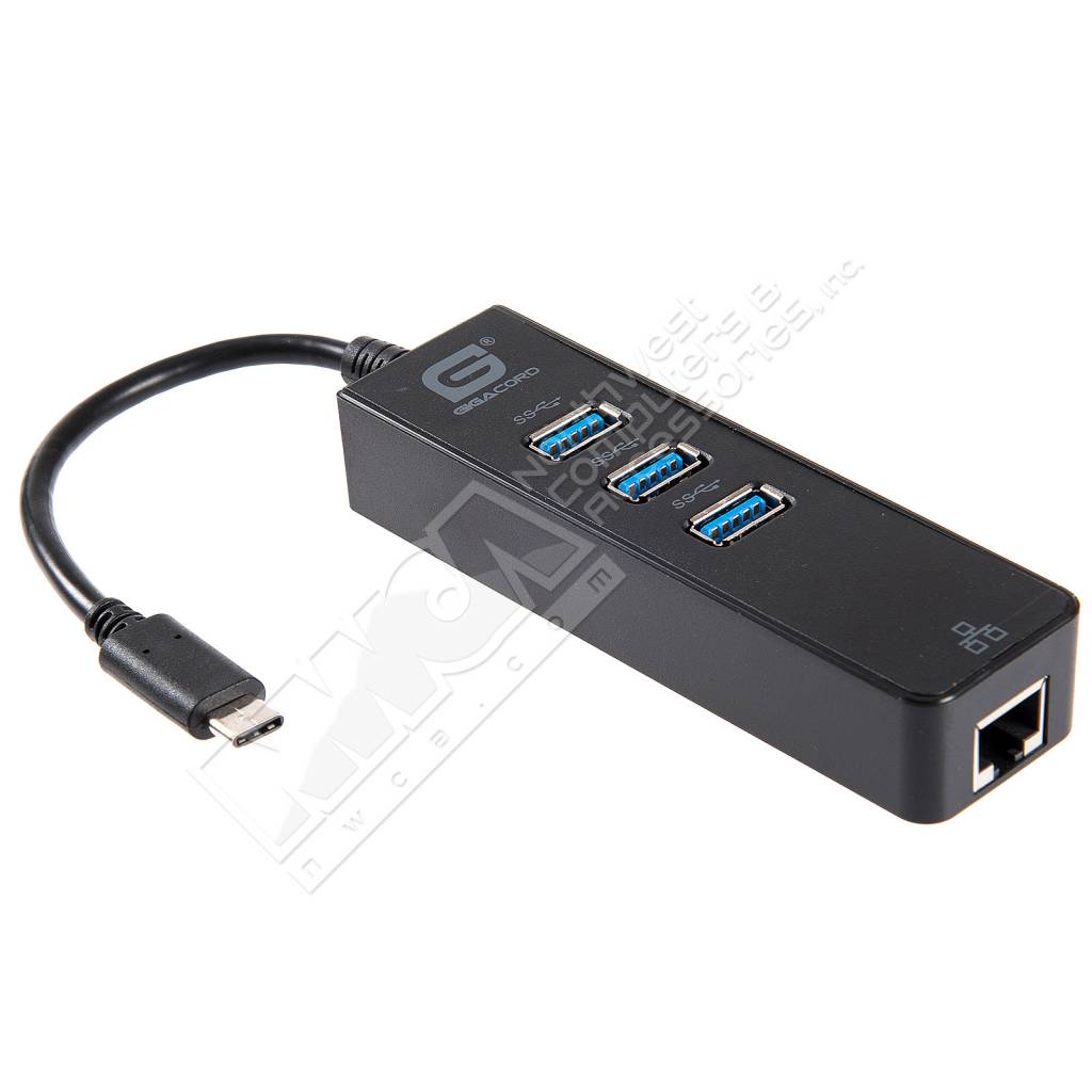 Gigacord USB 3.1c to 3-port USB 3.0 Powered Hub with Gigabit Ethernet LAN, Black - NWCA Inc.