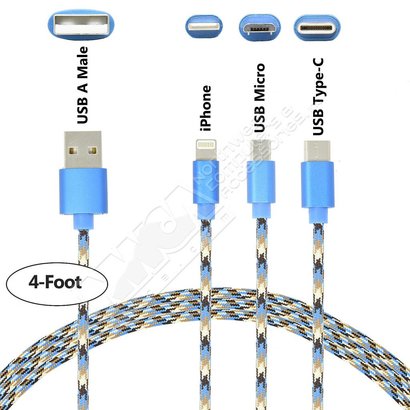 Gigacord 4Ft Gigacord Camo Series Charging Only 3 in 1 Cable, iPhone / Micro USB / USB Type-C, w/ Strain Relief, Durable Cloth Braid, Ultra Slim Aluminum Connectors, 1 Year Warrany (Blue Camo)