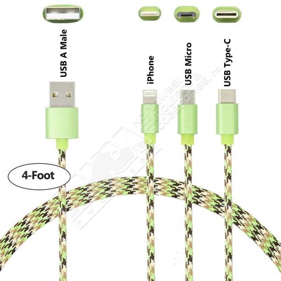 Gigacord 4Ft Gigacord Camo Series Charging Only 3 in 1 Cable, iPhone / Micro USB / USB Type-C, w/ Strain Relief, Durable Cloth Braid, Ultra Slim Aluminum Connectors, 1 Year Warrany (Green Camo)