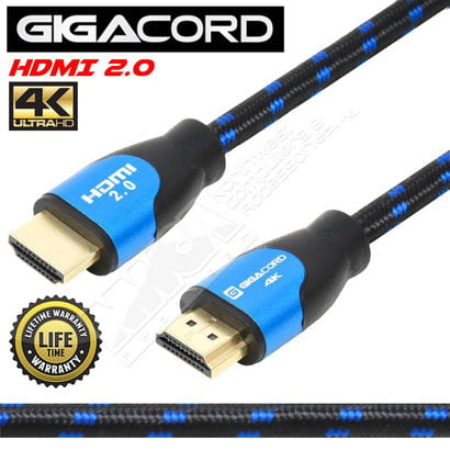 Gigacord Gigacord 2.0 HDMI Cable 18Gbps 4K HDR, 3D, 2160P, 1080P, Ethernet - 30AWG Braided 100% Copper w/ Audio Return(ARC), Black/Blue Braid (Choose Length)