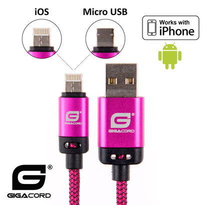 Gigacord Gigacord BlackARMOR2 iPhone Lightning / Micro USB 2-in-1 Charge/Sync Cable w/ Strain Relief, Nylon Braiding, Anodized Aluminum Connectors, Dark Pink (Choose Length)
