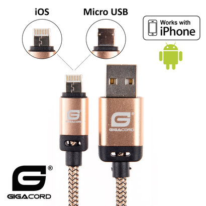 Gigacord Gigacord BlackARMOR2 iPhone Lightning / Micro USB 2-in-1 Charge/Sync Cable w/ Strain Relief, Nylon Braiding, Anodized Aluminum Connectors, Gold (Choose Length)