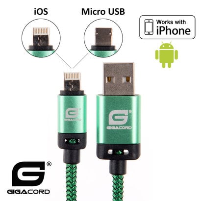 Gigacord Gigacord BlackARMOR2 iPhone Lightning / Micro USB 2-in-1 Charge/Sync Cable w/ Strain Relief, Nylon Braiding, Anodized Aluminum Connectors, Green (Choose Length)