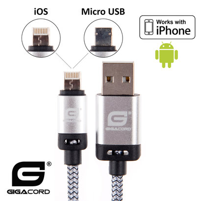 Gigacord Gigacord BlackARMOR2 iPhone Lightning / Micro USB 2-in-1 Charge/Sync Cable w/ Strain Relief, Nylon Braiding, Anodized Aluminum Connectors, Silver (Choose Length)