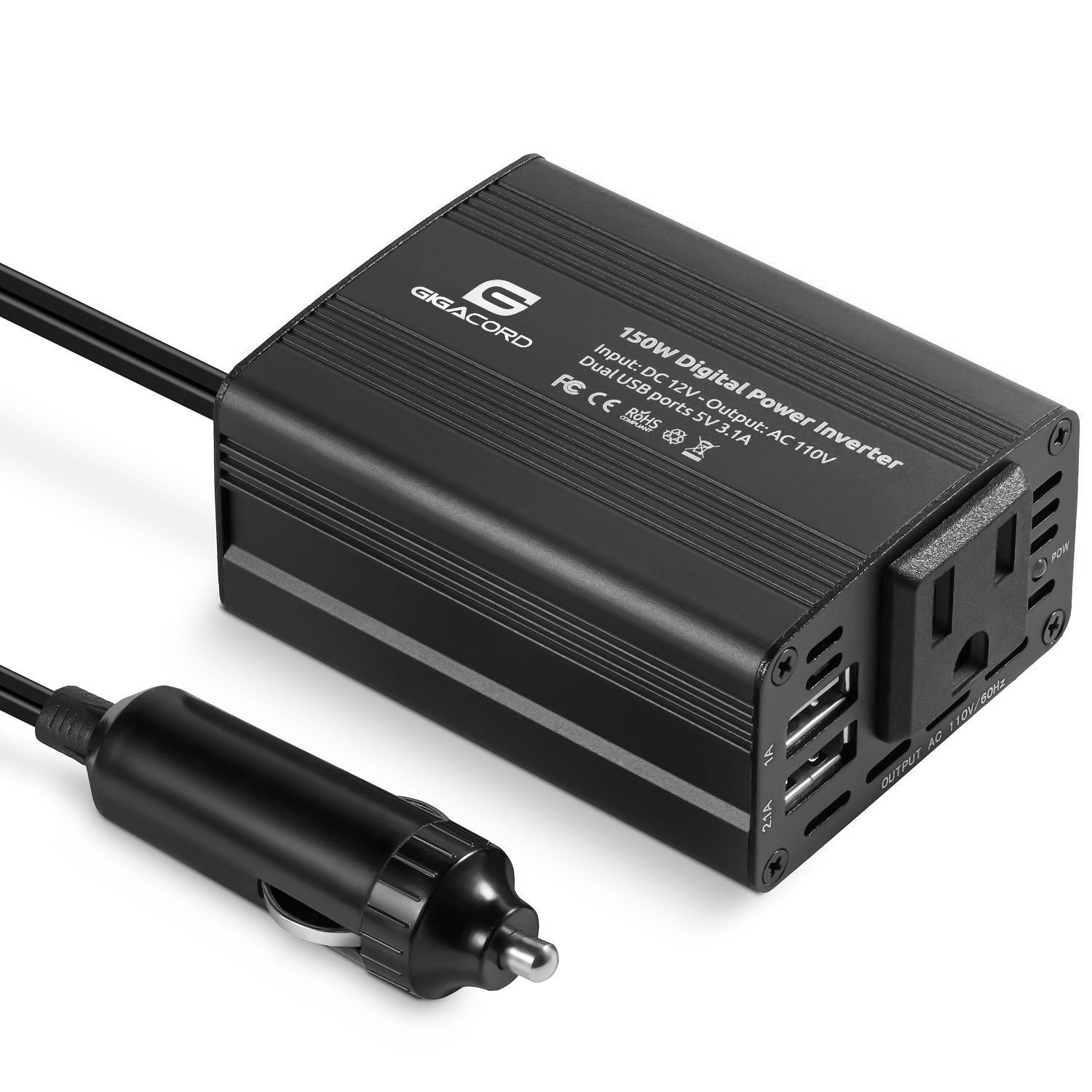 150W Power Inverter DC 12V to 110V AC Converter with 3.1A Dual USB Car Charger Black