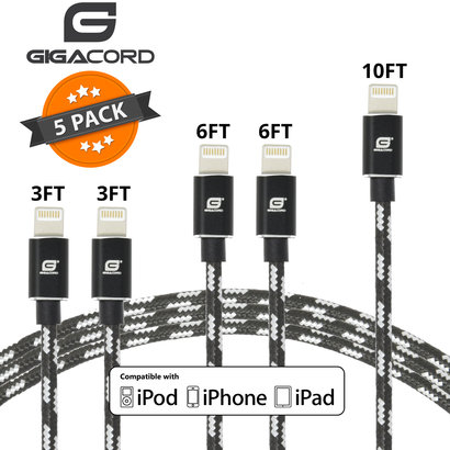 Gigacord Gigacord ClothARMOR iPhone/iPad/iPod Lightning 8 pin Charge/Sync Cable w/Strain Relief, Cloth Braiding, Ultra Slim Aluminum Connectors, Black/White 5 Pack (2x 3ft., 2x 6ft., 1x 10ft.)