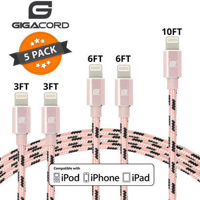 Gigacord Gigacord ClothARMOR iPhone/iPad/iPod Lightning 8 pin Charge/Sync Cable w/Strain Relief, Cloth Braiding, Ultra Slim Aluminum Connectors, Rose/Black 5 Pack (2x 3ft., 2x 6ft., 1x 10ft.)