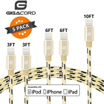 Gigacord Gigacord ClothARMOR iPhone/iPad/iPod Lightning 8 pin Charge/Sync Cable w/Strain Relief, Cloth Braiding, Ultra Slim Aluminum Connectors, Gold/Black 5-Pack (2x 3ft., 2x 6ft., 1x 10ft.)