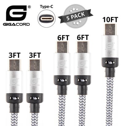Gigacord Gigacord BlackARMOR2 Samsung USB Type-C 24-pin Charge/Sync Cable w/Strain Relief, Nylon Braiding, Anodized Aluminum Connectors, Lifetime Warranty, White 5-Pack (2x 3ft., 2x 6ft., 1x 10ft.)