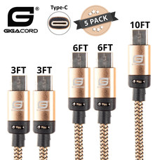 Gigacord Gigacord BlackARMOR2 Samsung USB-C Type-C 24-pin Charge/Sync Cable w/Strain Relief, Nylon Braiding, Anodized Aluminum Connectors, Lifetime Warranty, Gold 5-Pack (2x 3ft., 2x 6ft., 1x 10ft.)