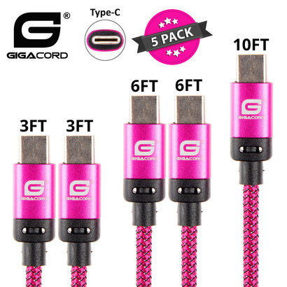 Gigacord Gigacord BlackARMOR2 Samsung USB Type-C 24-pin Charge/Sync Cable w/Strain Relief, Nylon Braiding, Anodized Aluminum Connectors, Lifetime Warranty, Dark Pink 5-Pack (2x 3ft., 2x 6ft., 1x 10ft.)