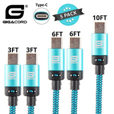 Gigacord Gigacord BlackARMOR2 Samsung USB Type-C 24-pin Charge/Sync Cable w/Strain Relief, Nylon Braiding, Anodized Aluminum Connectors, Lifetime Warranty, Blue 5-Pack (2x 3ft., 2x 6ft., 1x 10ft.)
