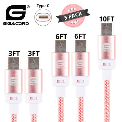 Gigacord Gigacord BlackARMOR2 Samsung USB-C Type-C 24-pin Charge/Sync Cable w/Strain Relief, Nylon Braiding, Anodized Aluminum Connectors, Lifetime Warranty, Light Pink 5-Pack (2x 3ft., 2x 6ft., 1x 10ft.)