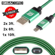 Gigacord Gigacord BlackARMOR2 Samsung USB Micro 5-pin Charge/Sync Cable w/Strain Relief, Nylon Braiding, Tapered Aluminum Connector, Lifetime Warranty, Green 5-Pack (2x 3ft., 2x 6ft., 1x 10ft.)