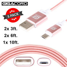 Gigacord Gigacord BlackARMOR2 Samsung USB Micro 5-pin Charge/Sync Cable w/Strain Relief, Nylon Braiding, Tapered Aluminum Connector, Lifetime Warranty, Light Pink 5-Pack (2x 3ft., 2x 6ft., 1x 10ft.)