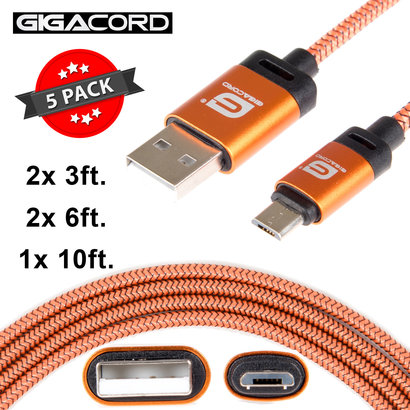 Gigacord Gigacord BlackARMOR2 Samsung USB Micro 5-pin Charge/Sync Cable w/Strain Relief, Nylon Braiding, Tapered Aluminum Connector, Lifetime Warranty, Orange 5-Pack (2x 3ft., 2x 6ft., 1x 10ft.)