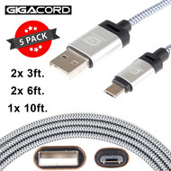 Gigacord Gigacord BlackARMOR2 Samsung USB Micro 5-pin Charge/Sync Cable w/Strain Relief, Nylon Braiding, Tapered Aluminum Connector, Lifetime Warranty, White 5-Pack (2x 3ft., 2x 6ft., 1x 10ft.)