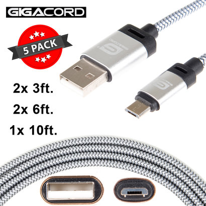 Gigacord Gigacord BlackARMOR2 Samsung USB Micro 5-pin Charge/Sync Cable w/Strain Relief, Nylon Braiding, Tapered Aluminum Connector, Lifetime Warranty, White 5-Pack (2x 3ft., 2x 6ft., 1x 10ft.)