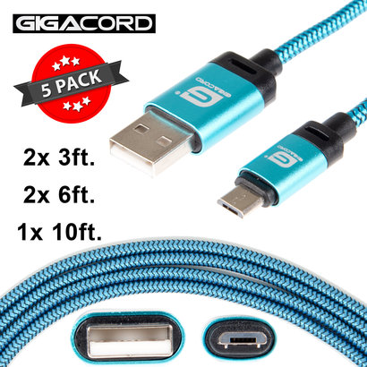 Gigacord Gigacord BlackARMOR2 Samsung USB Micro 5-pin Charge/Sync Cable w/Strain Relief, Nylon Braiding, Tapered Aluminum Connector, Lifetime Warranty, Blue 5-Pack (2x 3ft., 2x 6ft., 1x 10ft.)