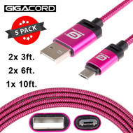 Gigacord Gigacord BlackARMOR2 Samsung USB Micro 5-pin Charge/Sync Cable w/Strain Relief, Nylon Braiding, Tapered Aluminum Connector, Lifetime Warranty, Dark Pink 5-Pack (2x 3ft., 2x 6ft., 1x 10ft.)