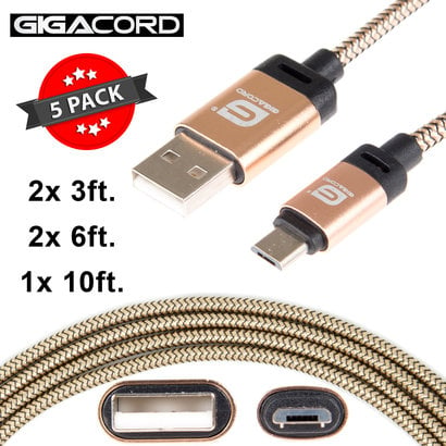 Gigacord Gigacord BlackARMOR2 Samsung USB Micro 5-pin Charge/Sync Cable w/Strain Relief, Nylon Braiding, Tapered Aluminum Connector, Lifetime Warranty, Gold 5-Pack (2x 3ft., 2x 6ft., 1x 10ft.)