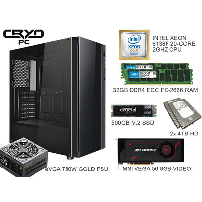 Cryo-PC Cryo-PC ATX Intel Xeon 6138F 2.0GHz 20-Core 40-Thread 32GB (2 x 16GB) DDR4 ECC, 500GB M.2 SSD + 4TB HDD RAID 0, RX Vega 56 8GB, Windows 10 Pro