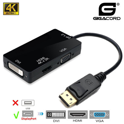Gigacord Gigacord 3-in-1 DisplayPort 1.2 to HDMI 4K DVI VGA 3 in 1 Multi-Function Cable Adapter Converter