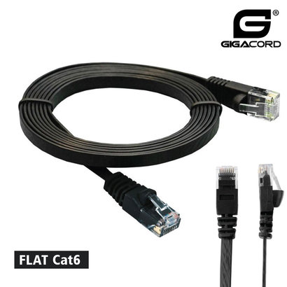 Gigacord Cat6 FLAT Thin UTP Ethernet Network Booted Cable 32AWG Pure Copper, Black (Choose Length)
