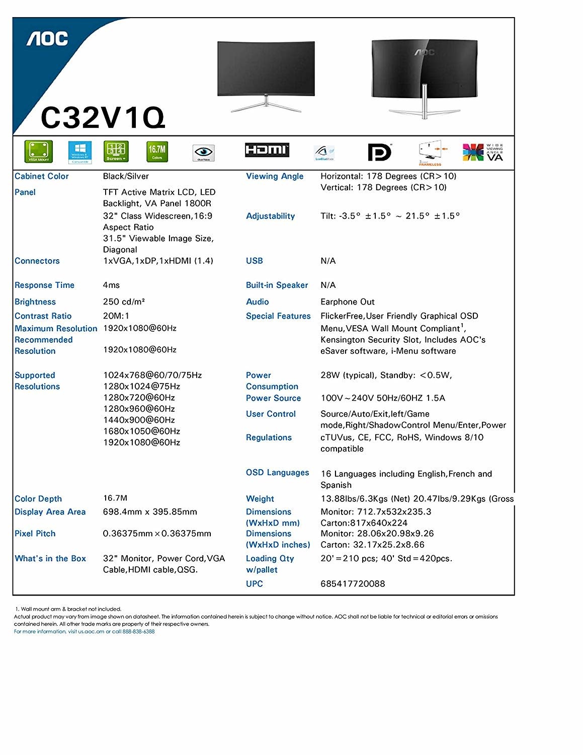 Aoc C32v1q 31 5 Full Hd 19x1080 Monitor Curved Va Panel 4ms 75hz Frameless Hdmi Displayport Vga Flickerfree Low Blue Mode Vesa Nwca Inc