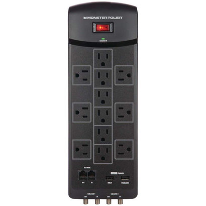 Monster Monster Power 12 Outlet 2160J Black Surge Strip 6 outlet, 2 USB Charging Ports, Recertified, Bulk Pkg.