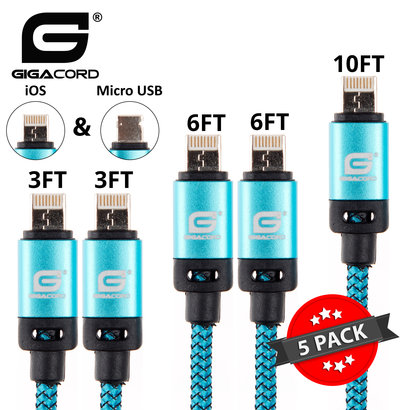 Gigacord Gigacord BlackARMOR2 iPhone Lightning / Micro USB 2-in-1 Charge/Sync Cable w/ Strain Relief, Nylon Braiding, Anodized Aluminum Connectors, Orange 5-Pack (2x 3ft., 2x 6ft., 1x 10ft.)