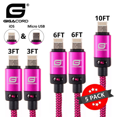 Gigacord Gigacord BlackARMOR2 iPhone Lightning / Micro USB 2-in-1 Charge/Sync Cable w/ Strain Relief, Nylon Braiding, Anodized Aluminum Connectors, Dark Pink 5-Pack (2x 3ft., 2x 6ft., 1x 10ft.)