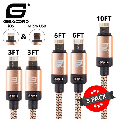 Gigacord Gigacord BlackARMOR2 iPhone Lightning / Micro USB 2-in-1 Charge/Sync Cable w/ Strain Relief, Nylon Braiding, Anodized Aluminum Connectors, Gold 5-Pack (2x 3ft., 2x 6ft., 1x 10ft.)