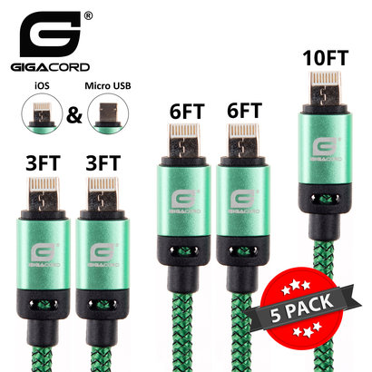Gigacord Gigacord BlackARMOR2 iPhone Lightning / Micro USB 2-in-1 Charge/Sync Cable w/ Strain Relief, Nylon Braiding, Anodized Aluminum Connectors, Green 5-Pack (2x 3ft., 2x 6ft., 1x 10ft.)