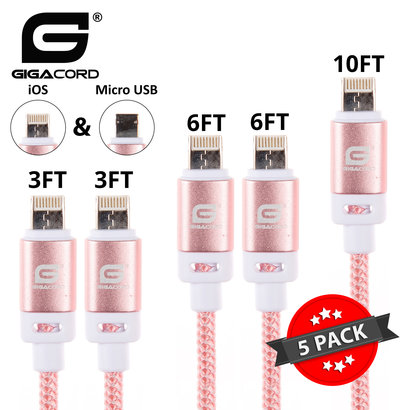 Gigacord Gigacord BlackARMOR2 iPhone Lightning / Micro USB 2-in-1 Charge/Sync Cable w/ Strain Relief, Nylon Braiding, Anodized Aluminum Connectors, Light Pink 5-Pack (2x 3ft., 2x 6ft., 1x 10ft.)