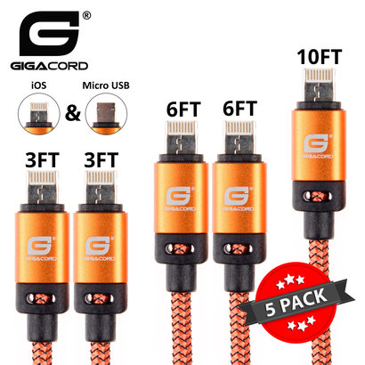 Gigacord Gigacord BlackARMOR2 iPhone Lightning / Micro USB 2-in-1 Charge/Sync Cable w/ Strain Relief, Nylon Braiding, Anodized Aluminum Connectors, Orange 5-Pack (2x 3ft., 2x 6ft., 1x 10ft.)
